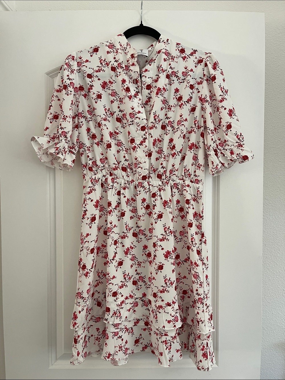 White Dress with Red Floral Print for Girls - Casual Ruffle Hem
